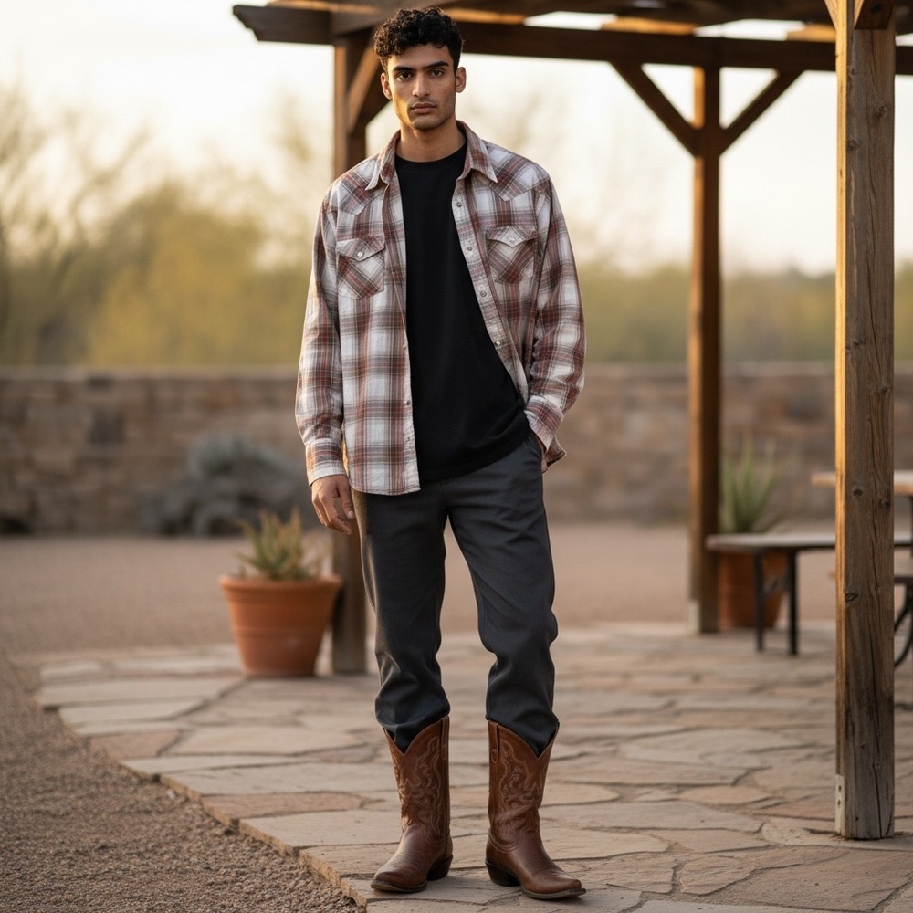 Plaid Western Button-Up Shirt with Snap Buttons
